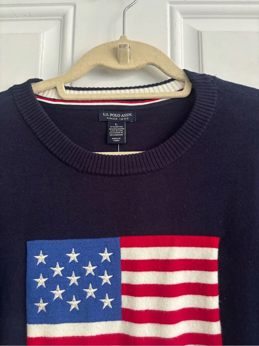 NWT U.S. Polo Assn. Women’s Navy Flag Crew Neck Lightweight Sweater, Size Large